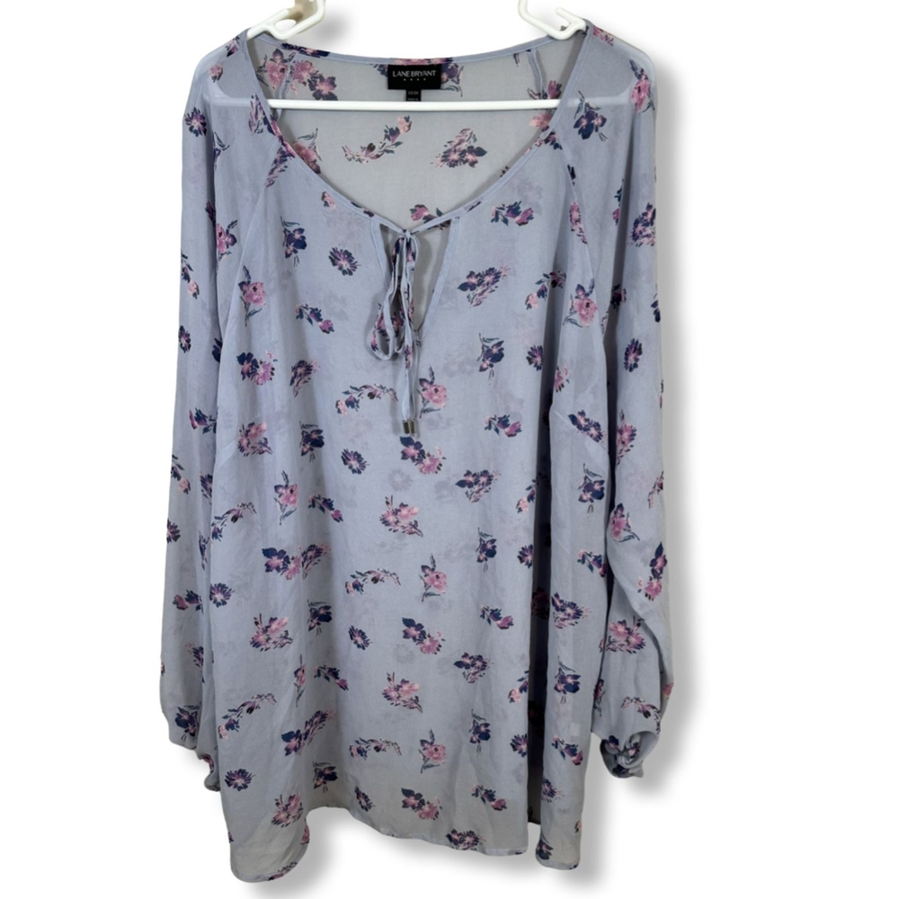 Lane Bryant Plus Light Blue Floral Sheer Blouse with Bow Tie, Size 22 – Excellen